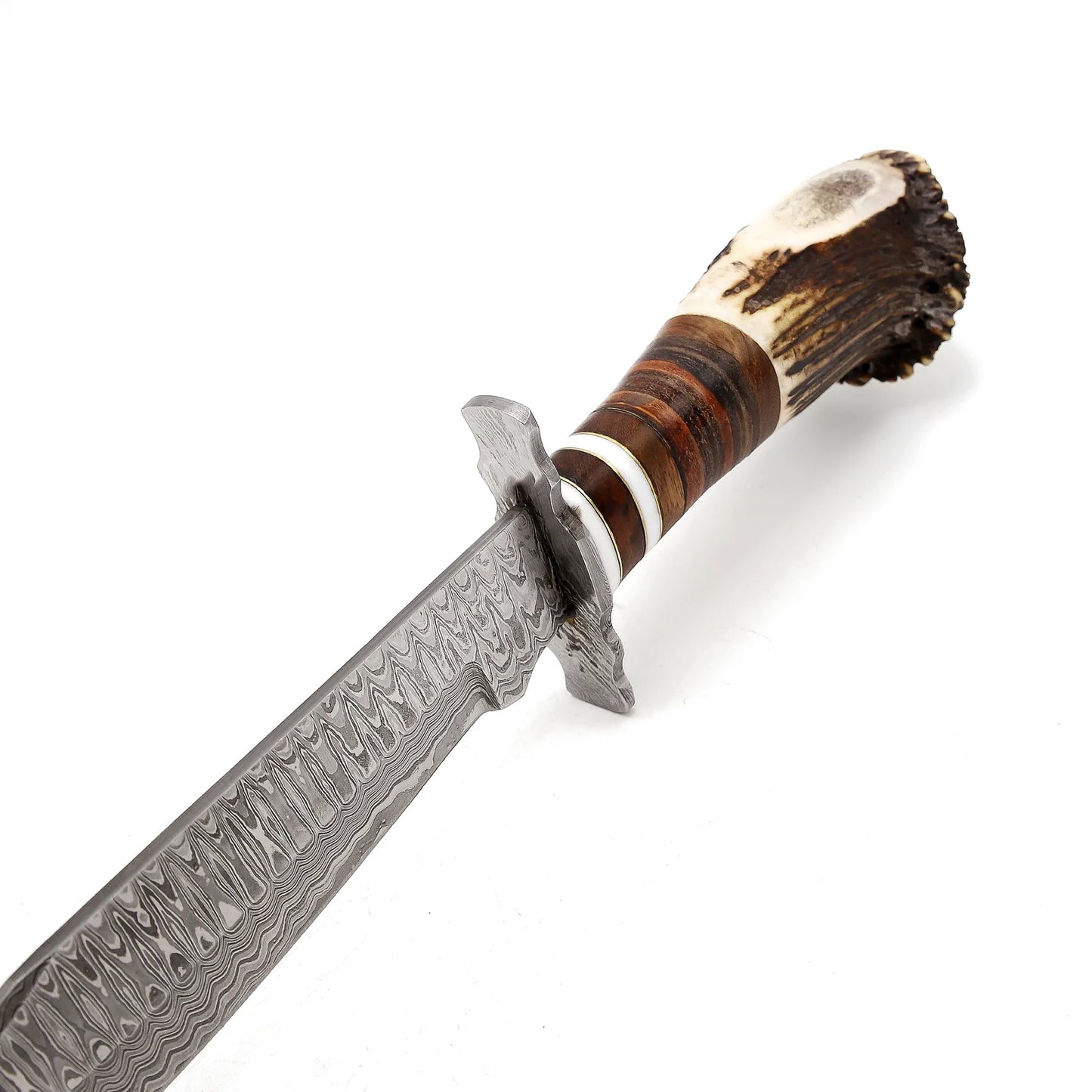Χειροποίητο μαχαίρι κυνηγιού Bowie από ατσάλι Δαμασκού: Λαβή ελαφιού, δερμάτινη θήκη